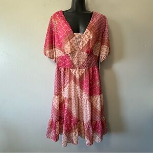 Kate and Lily Chic Patchwork Midi Dress in Pink Tones